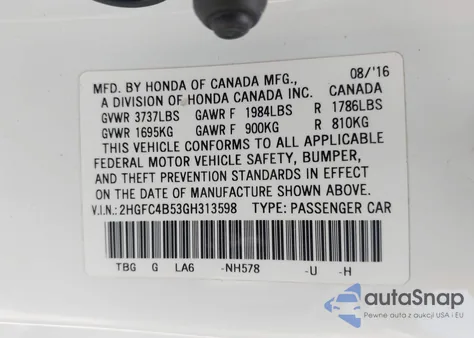 2016 Honda Civic Lx z USA, uszkodzony, nr VIN 2HGFC4B53GH313598